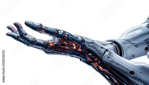 Futuristic Robotic Hand with Glowing Fingers Representing Artificial Intelligence and Automation on White Background