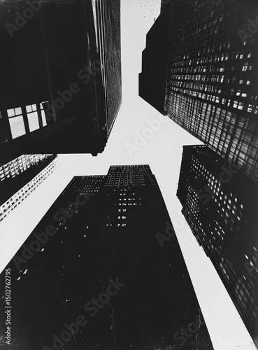 Urban skyscrapers, viewed from below,  nighttime,  illuminated windows,  black and white,  geometric patterns