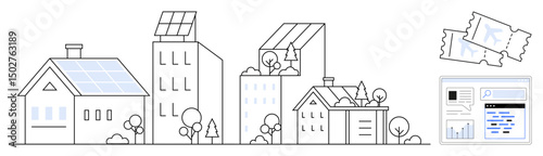 Buildings with solar panels, urban greenery, trees, bushes, digital ticketing system, and website analytics dashboard. Ideal for sustainability, renewable energy, urban planning eco-living digital
