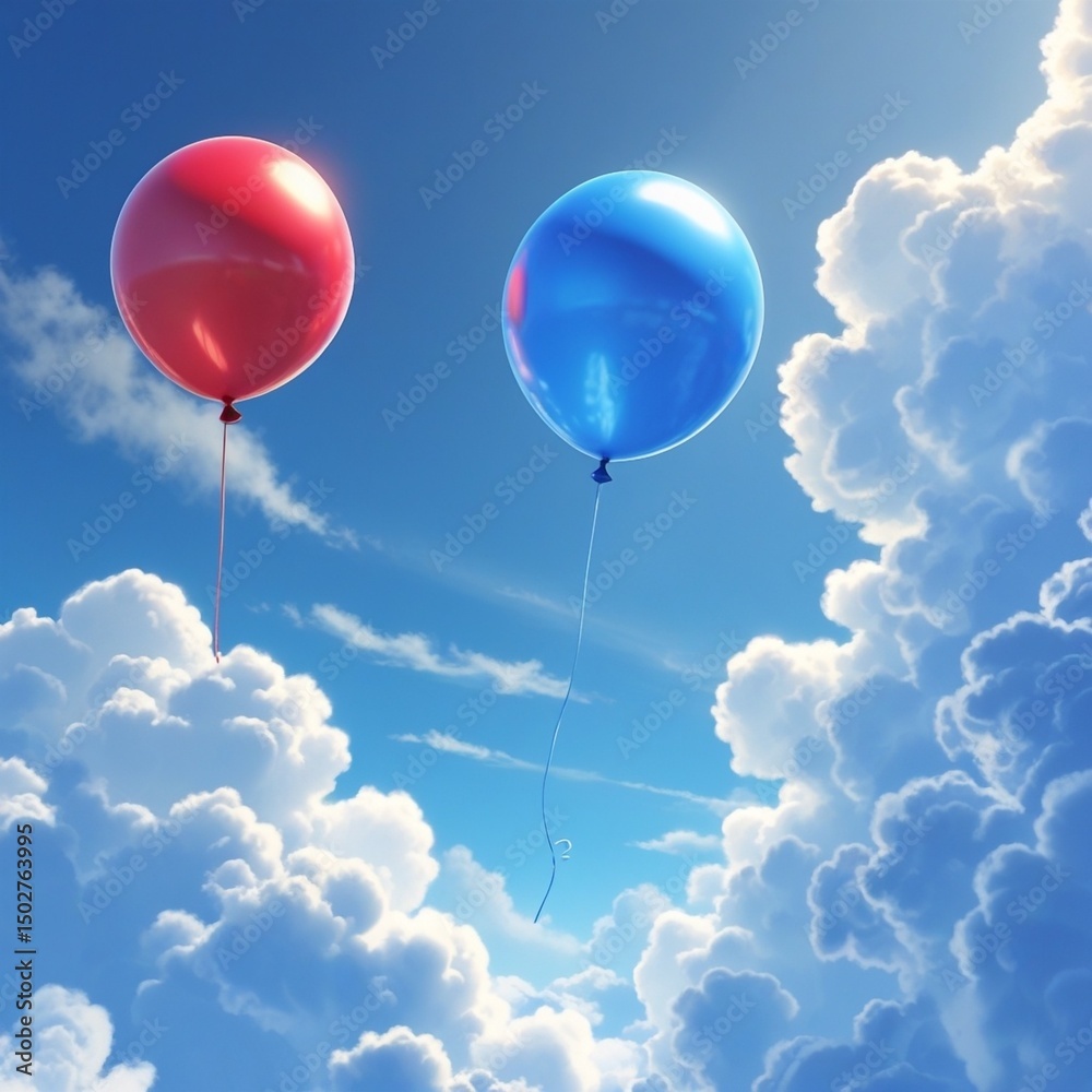 Fototapeta premium Scene 2 features a close-up shot of two balloons, a shiny red balloon and a blue balloon, with a joyful tone and 4K ultra detail, capturing a dreamy blue sky.