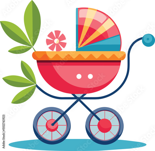 Baby carriage with flower and leaves,  stroller logo vector illustration