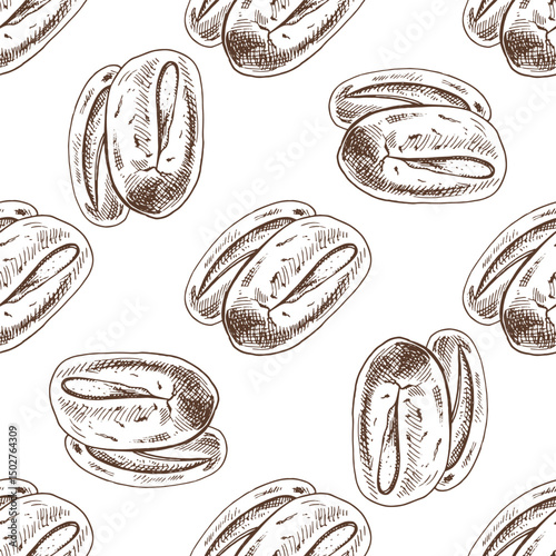 Hand drawn vintage seamless pattern of oval sandwich bread rolls in engraving sketch style in brown ink