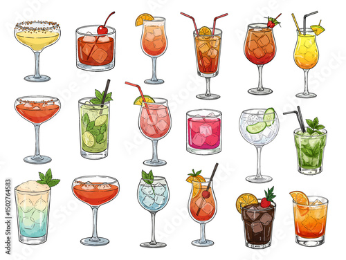 Collection of Colorful Hand Drawn Doodle Bar Cocktail Vector Illustration – Fun Drink Clipart with Glasses, Garnishes, Ice Cubes, Fruit, and Summer Party Elements for Menus, Posters, and Stickers