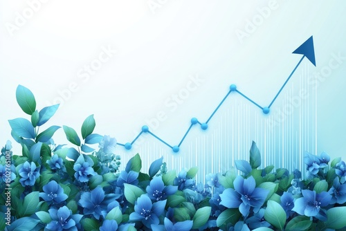 Light blue graph rising among blue flowers and leaves
