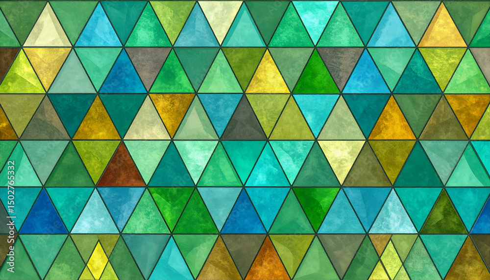 Fototapeta premium A vibrant mosaic of triangular shapes in various shades of green and blue.