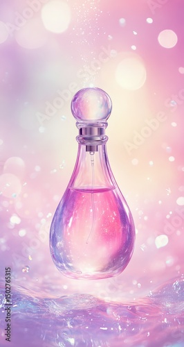 A delicate, pink perfume bottle, seemingly suspended, against a soft, pastel backdrop of pink and purple bokeh