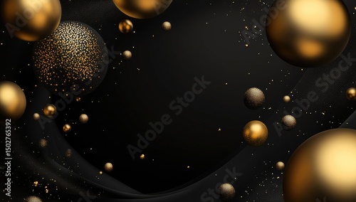 Black background with golden spheres and glitter