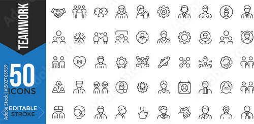 Horizontal row of simple line icons representing concepts of collaboration, teamwork, and business interactions. Icons include: a handshake, people brainstorming, gears symbolizing collaboration, hi