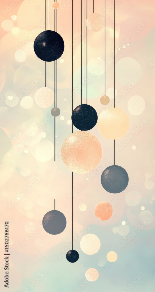 Fototapeta premium Delicate orbs hang on thin lines against a soft, pastel backdrop