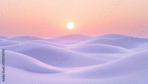 Pastel-toned, serene landscape of undulating, snow-like hills at sunrise or sunset