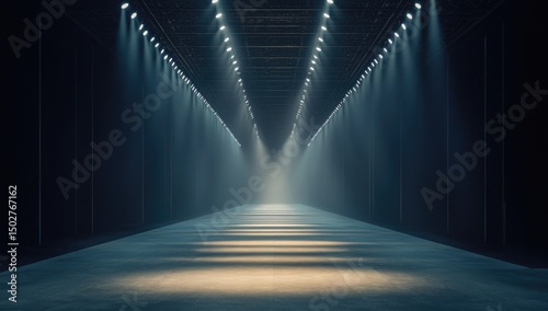 Empty runway, lit by spotlights, in a dark hall