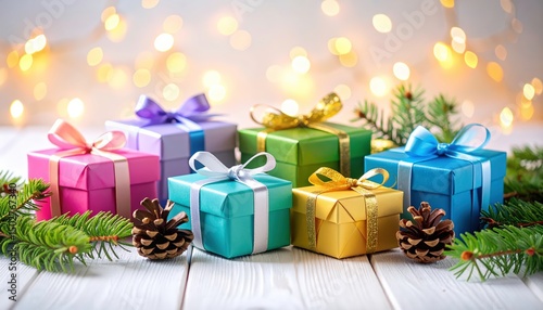 Colorful Gift Boxes With Festive Lights And Pine Branches