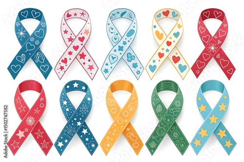 Creative vector ribbon illustrations forming hearts, brains, people icons, and abstract shapes.