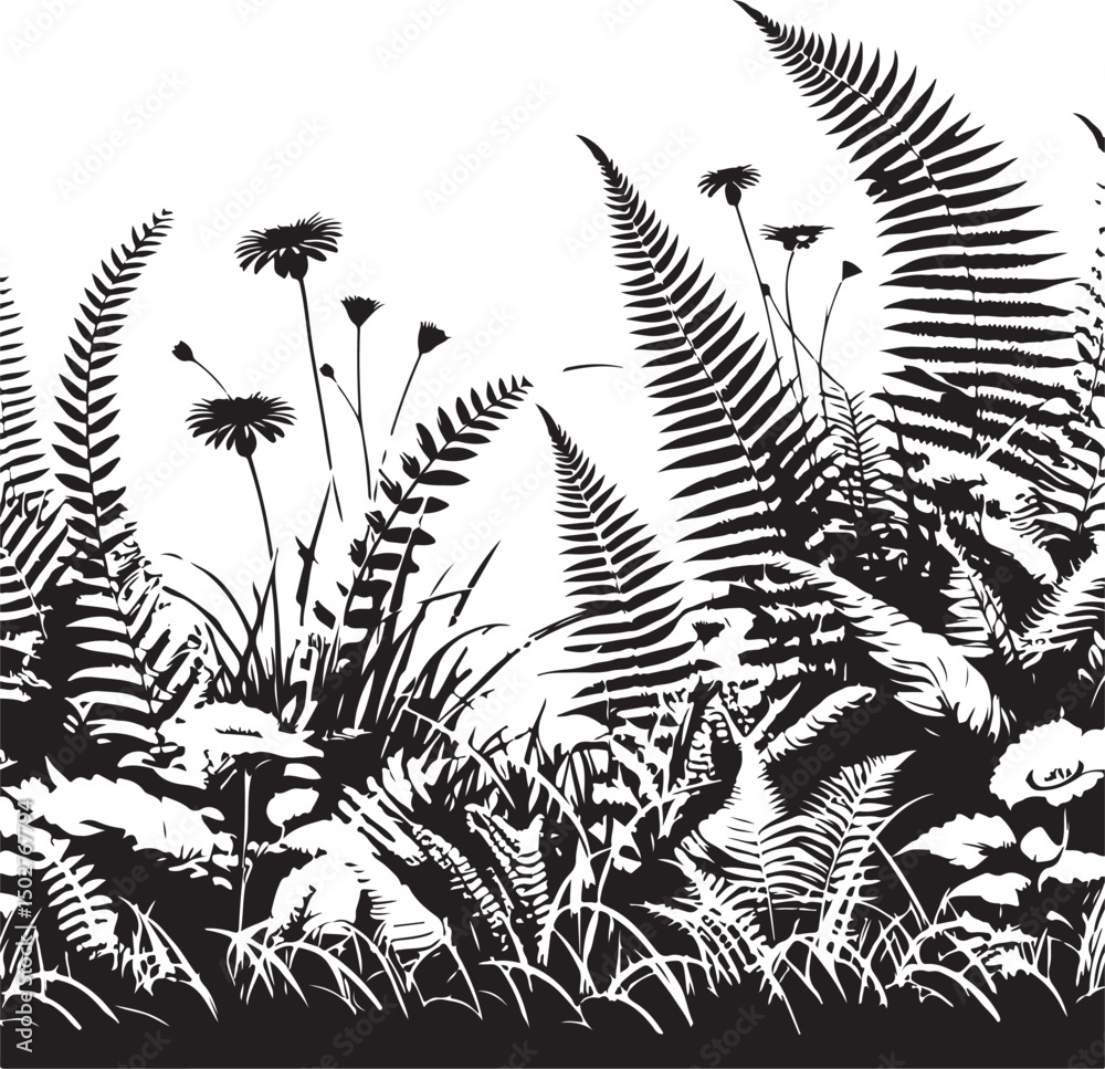 Naklejka premium grass and ferns with flowers image vector