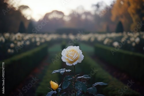 Single pale yellow rose in a rose garden, bathed in soft morning light