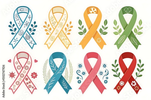 Creative vector ribbon illustrations forming hearts, brains, people icons, and abstract shapes.
