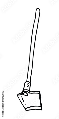 Line drawing of a garden hoe tool with a long handle and angled blade