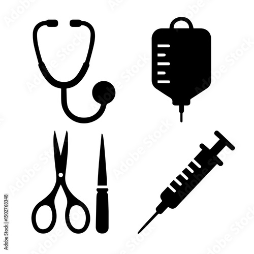 Minimalist Medical Equipment Silhouettes – Basic Diagnostic Tools Set

