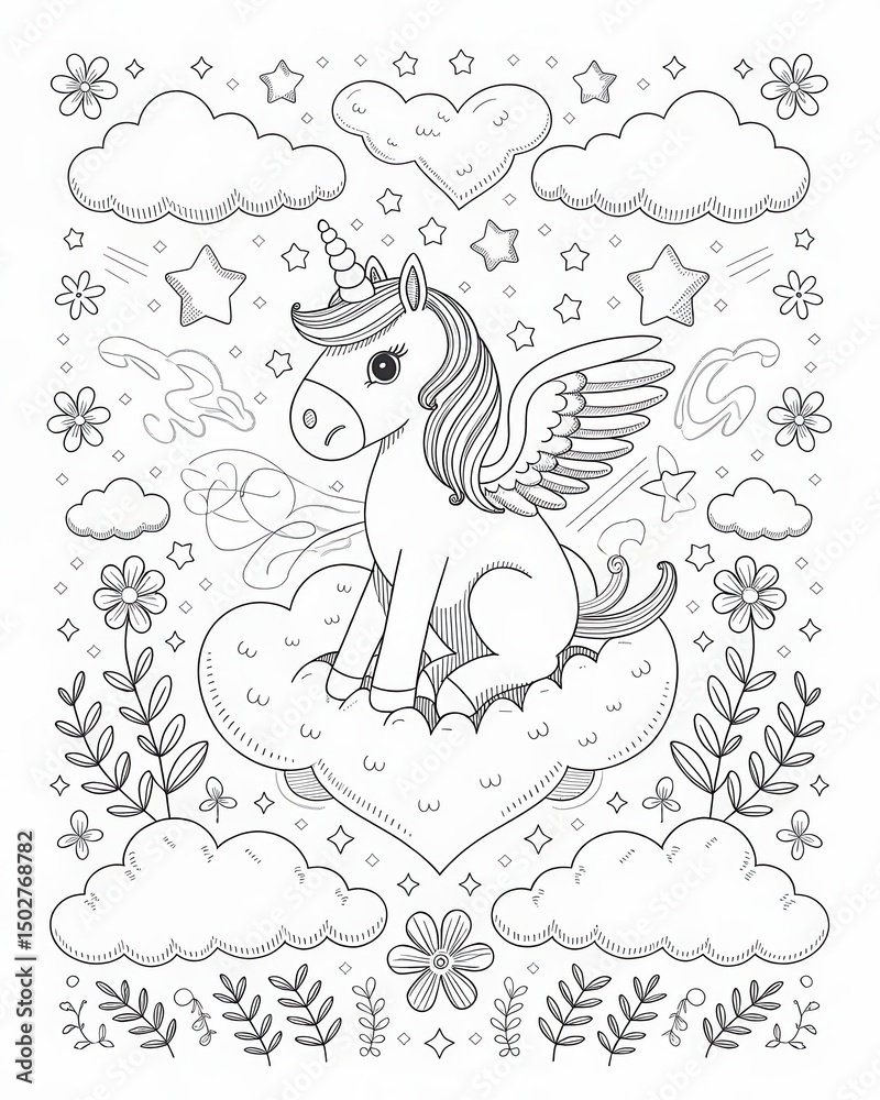 Hand Drawn Unicorn with Wings Sitting on Cloud for Coloring Book Page Hand Drawn Unicorn with Wings Sitting on Cloud for Coloring Book Page