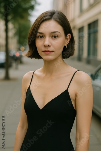 Confident young woman in a black dress standing on a city street Free Download Confident young woman in a black dress standing on a city street - GFXLoad