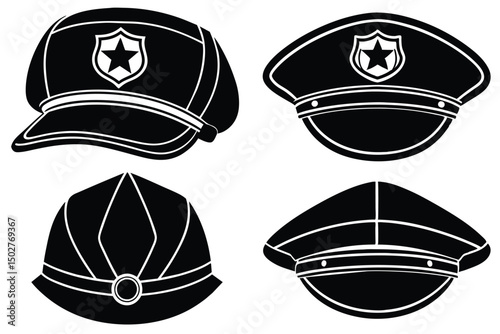 Four police hats isolated on white background in black and white