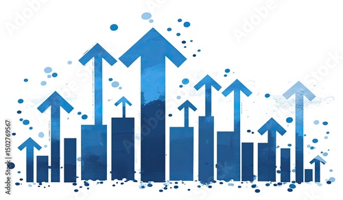 Abstract graphic of multiple upward trending bar graphs and arrows.  Watercolor effect with blue tones