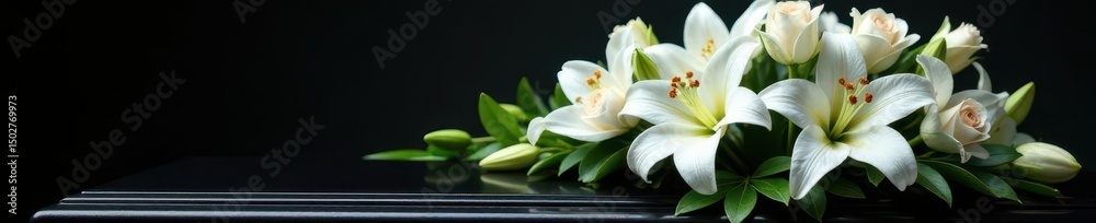 Elegant white lilies and roses atop a black casket , photography, arrangement, beautiful Elegant white lilies and roses atop a black casket , photography, arrangement, beautiful