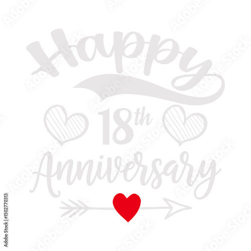 Happy 18th Anniversary PNG, Romantic Love Heart Arrow Printable Design for Black T-Shirts, Mugs, Cards, Sublimation Projects