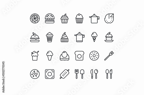 Simple Line Art Icons of Various Food Items