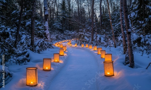 Lantern-lit skating trail weaving through a snow-draped pine forest glowing under softly falling snow, Generative AI