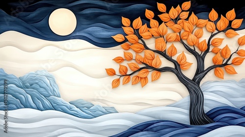 Serene Night Landscape with Orange Leaf Tree and Moonlit Waves