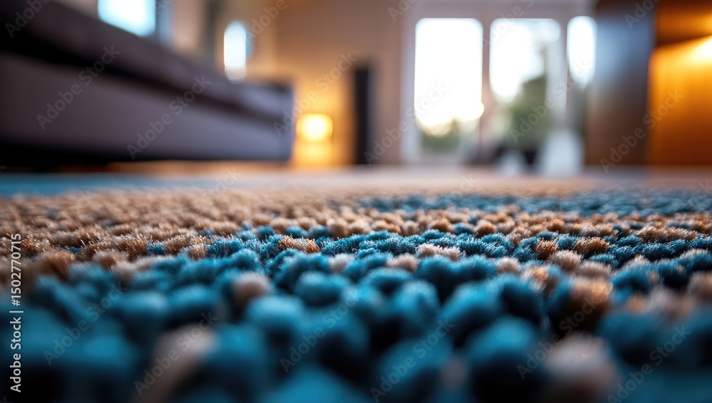 Fototapeta premium Close-up view of a textured carpet with teal and beige patterns. Interior design focus