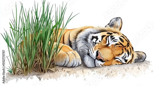Serene Sleeping Tiger Near Green Grass in Watercolor Style