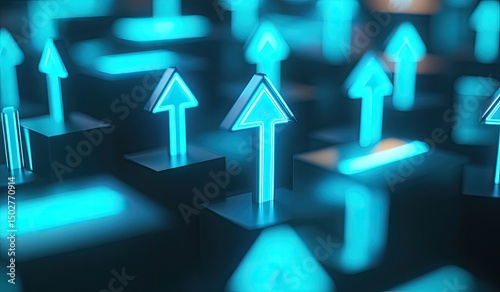 Abstract 3D graphic with many glowing upward arrows on dark cubes.  Dynamic, futuristic, and technological design