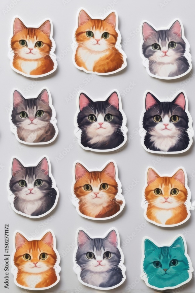 Fototapeta premium Collection of Cute Cat Head Stickers with Various Colors 