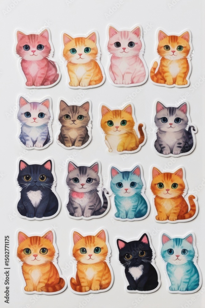 Obraz premium Colorful Cartoon Cat Stickers Collection on White Background 