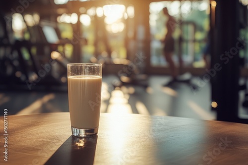 Glass of milky drink on table in gym photo