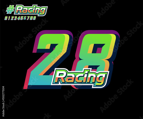 racing number 28 with racing text, for sports and racing