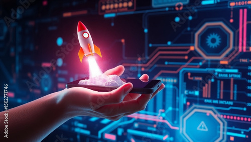 Rocket launching from a smartphone held in a hand against a futuristic tech background design created with generated ai