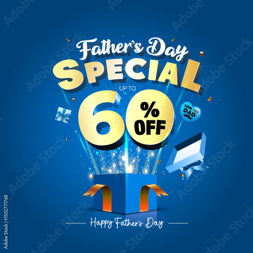 Happy Father's Day. Fathers Day special discount, offer, deals, and sales promotion concept design with gift box.