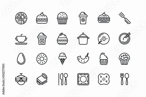 Simple Line Art Icons of Various Food Items