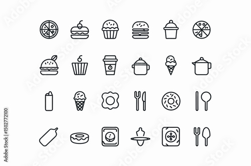 Simple Line Art Icons of Various Food Items