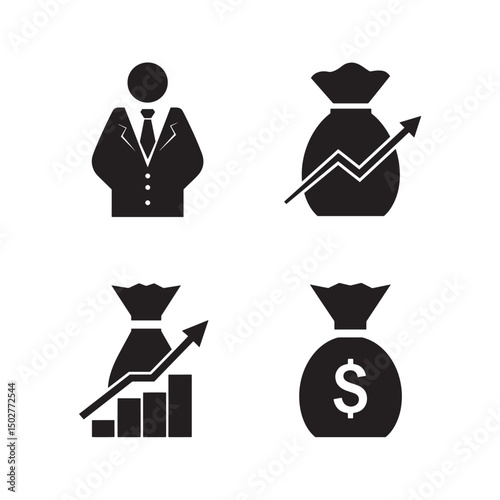 Business and finance icons depicting growth success and financial investments silhouette style