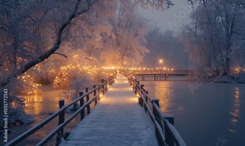 Lantern-lit boardwalk crossing a frosty river surrounded by snow-laden trees glowing softly, Generative AI