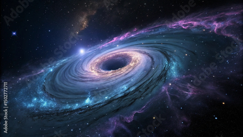 Spinning Black Hole Surrounded by Stars and Nebula in Outer Space
