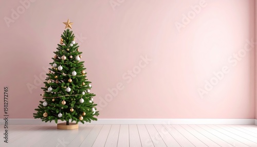 Minimalist Christmas Tree in a Blush Pink Room with Gold and White Ornaments