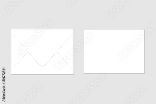 White closed envelope and flat card mockup template for your design or business. Euro flap luxury mailing envelope with greeting card for wedding, invitations, graduation, birthday, party.
