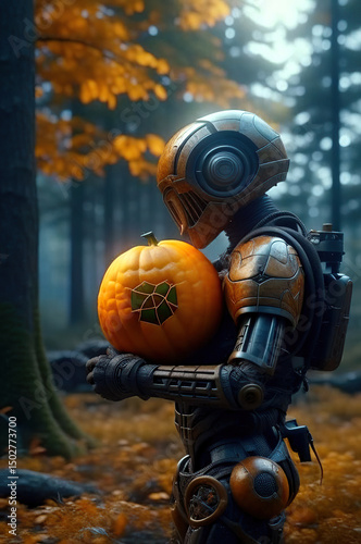 Robot Holding a Glowing Pumpkin. Robot’s Autumn Dream. A Tender Moment with a Pumpkin.