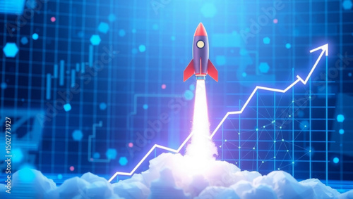 Rocket launching with upward trending arrow and stock chart in a futuristic blue background design created with generated ai
