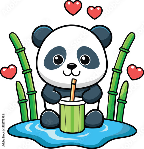 panda drinking juice and bamboo, drink cafe lago vector